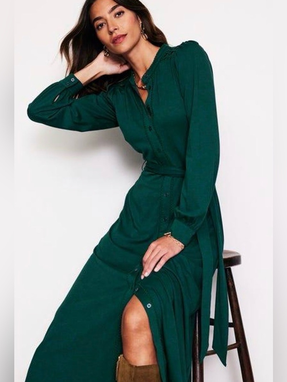 Boden Rowena Trim Jersey Long Sleeve Dark Green Shirt Dress